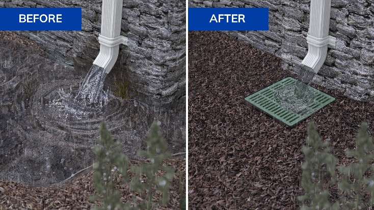 Before and after installing a catch basin under a downspout