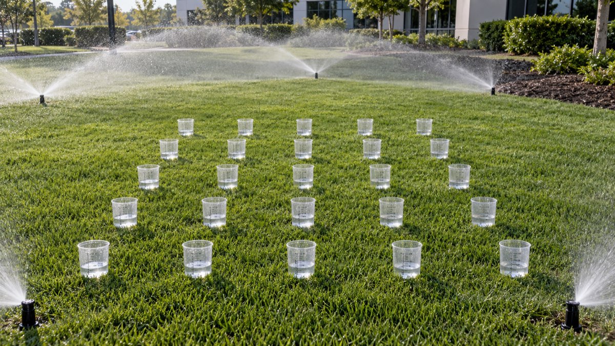 Grid of catch cans collecting sprinkler water during a turf irrigation distribution uniformity test.