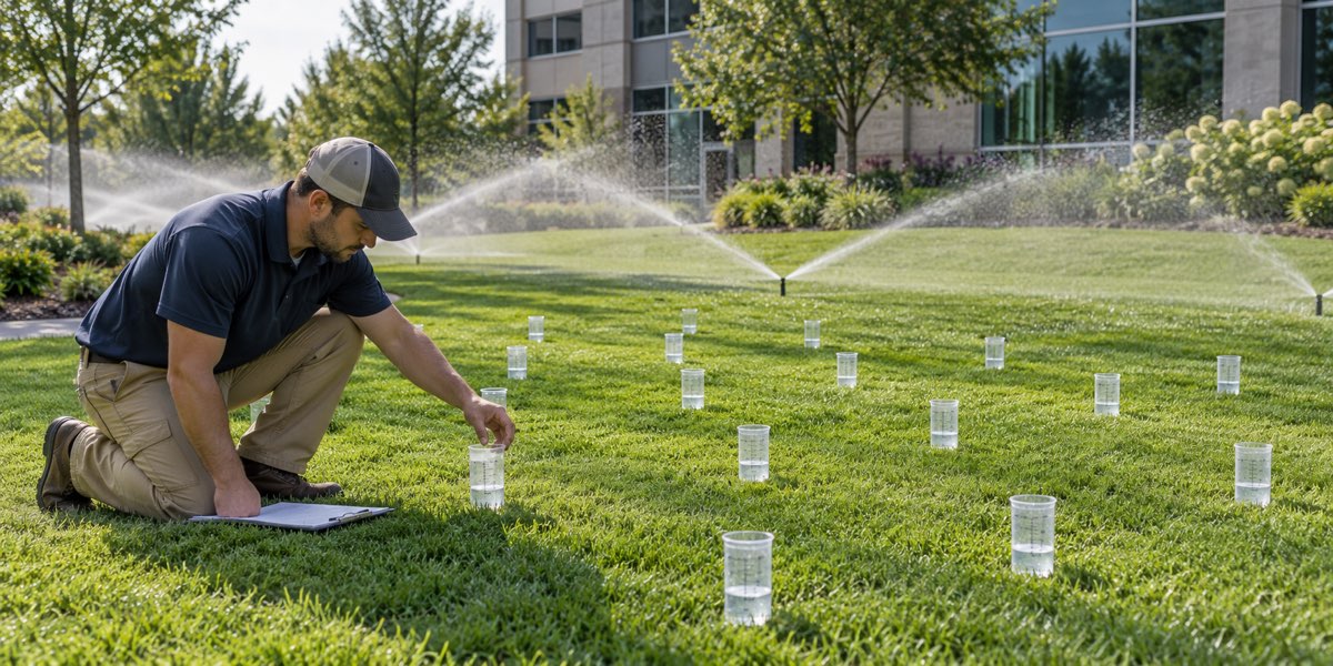 Technician performing a catch can test to measure distribution uniformity in an irrigation system