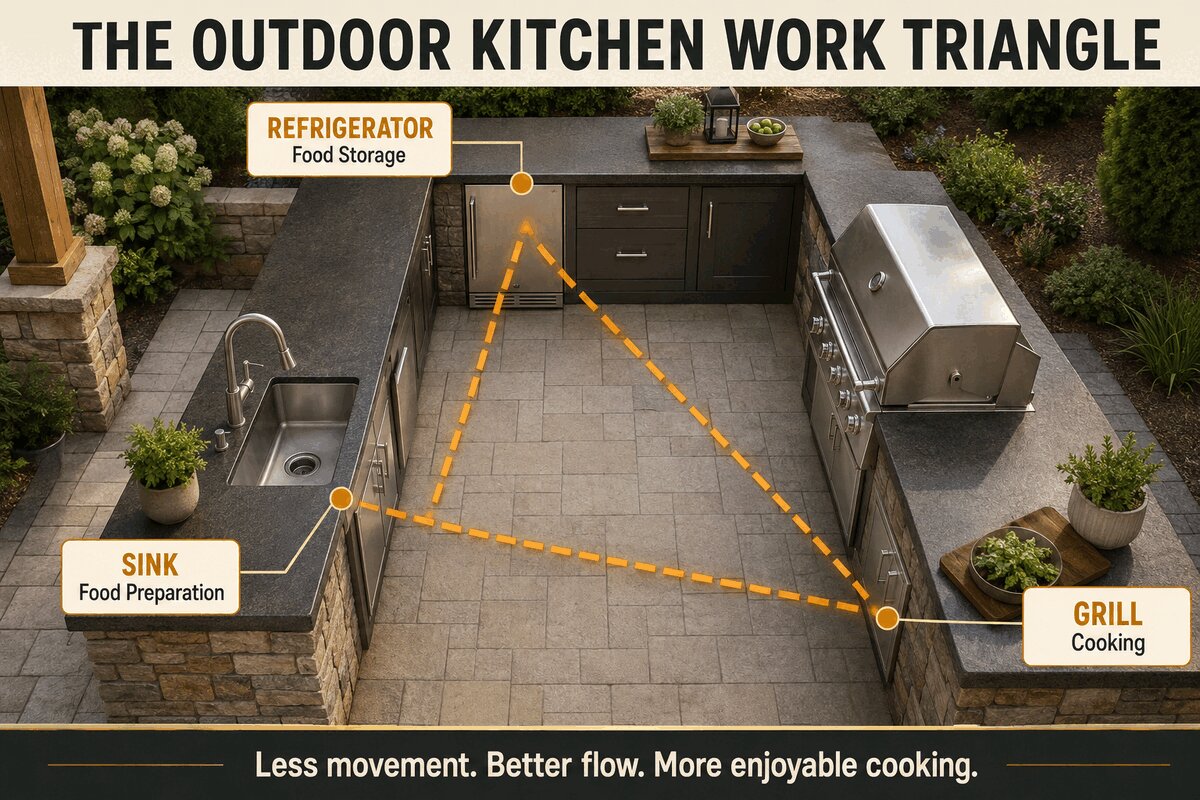 Diagram of the outdoor kitchen work triangle connecting the refrigerator for food storage, sink for food preparation, and grill for cooking