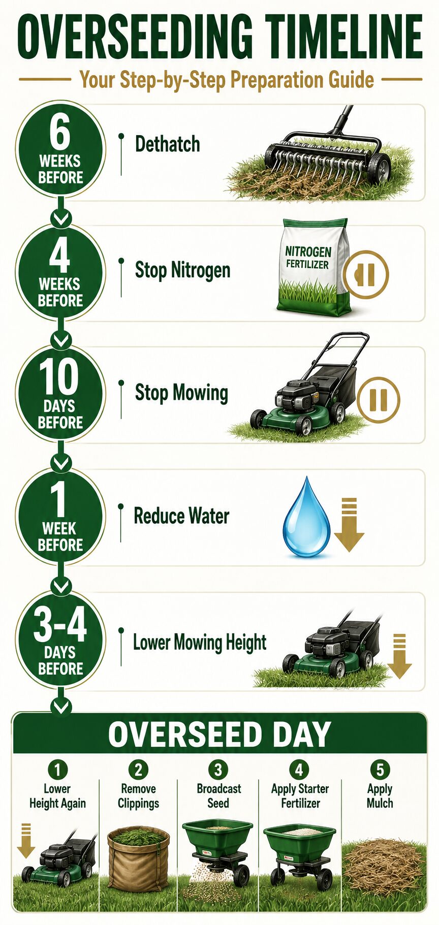 Overseeding timeline infographic showing dethatching, stopping nitrogen and mowing, reducing water, lowering mowing height, and overseed day steps