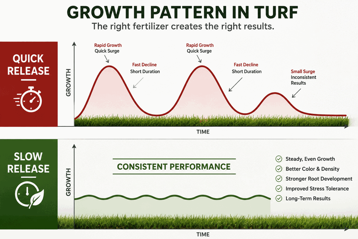 Chart comparing turf growth pattern: quick release fertilizer causes rapid surges and declines, while slow release fertilizer delivers steady, consistent growth