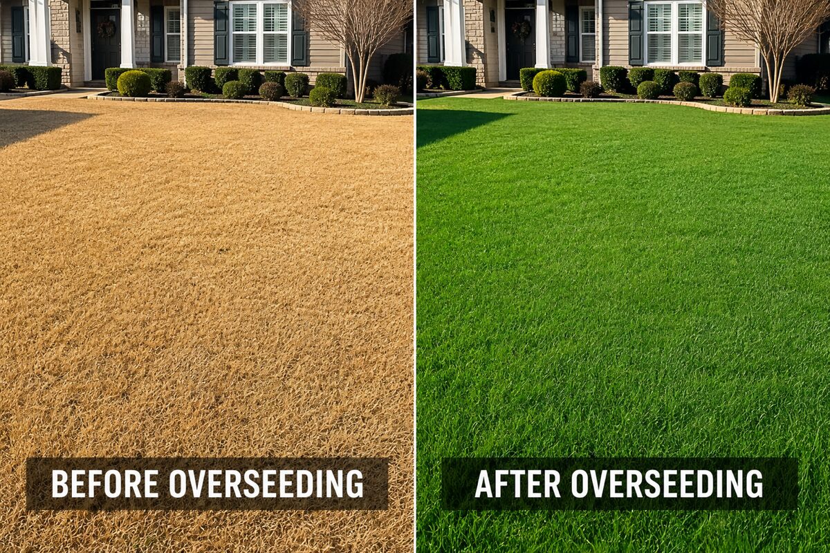 Lawn before and after winter overseeding, showing dormant brown turf transformed into dense green ryegrass