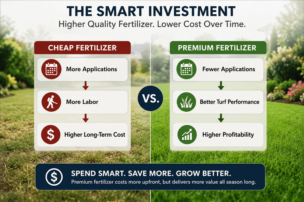 Cheap fertilizer leads to more applications, more labor, and higher long-term cost; premium fertilizer leads to fewer applications, better turf performance, and higher profitability