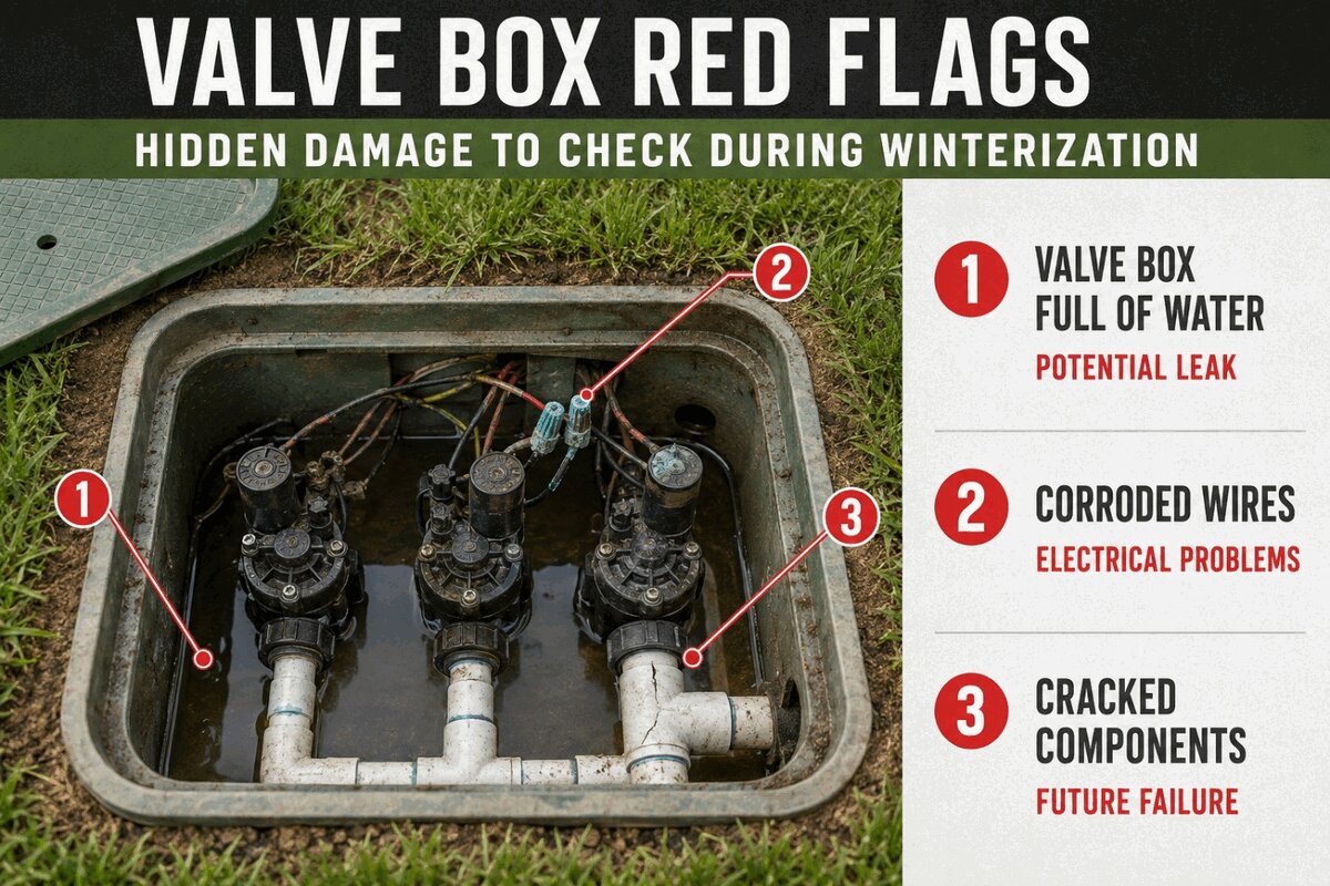 Diagram of valve box red flags: valve box full of water indicating a potential leak, corroded wires indicating electrical problems, and cracked components indicating future failure