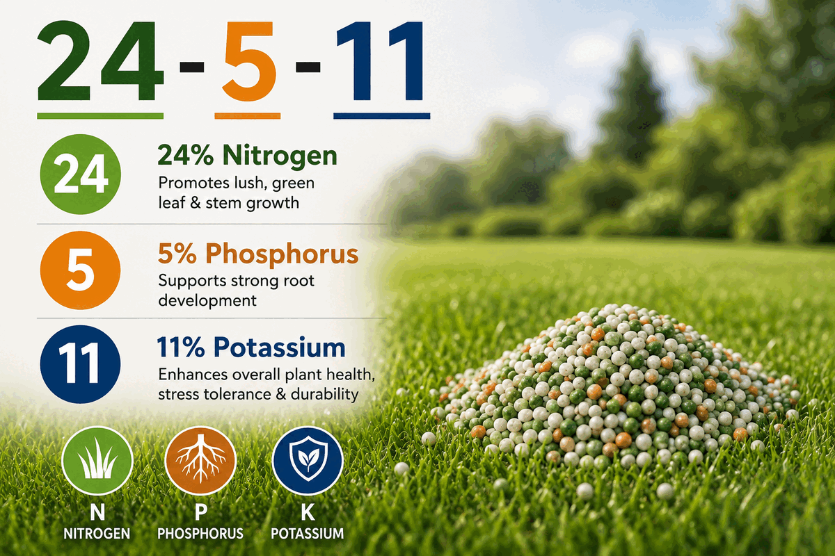 Infographic explaining NPK: 24% nitrogen, 5% phosphorus, and 11% potassium